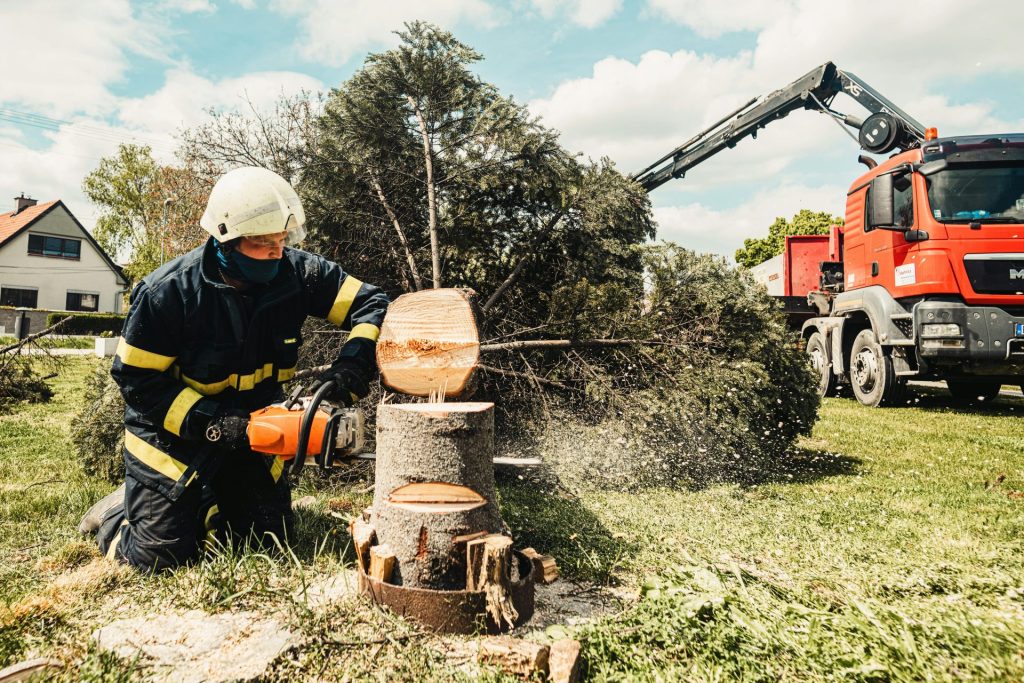 Ein Feuerwehrmann benutzt eine Kettensäge, um einen Baumstumpf zu zersägen, während ein LKW bei den Arbeiten im Freien hilft.