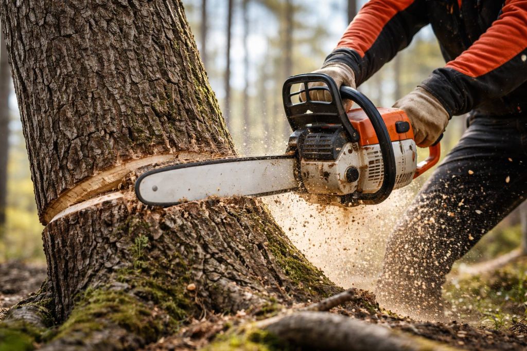 Kettensäge trennt Baumstamm